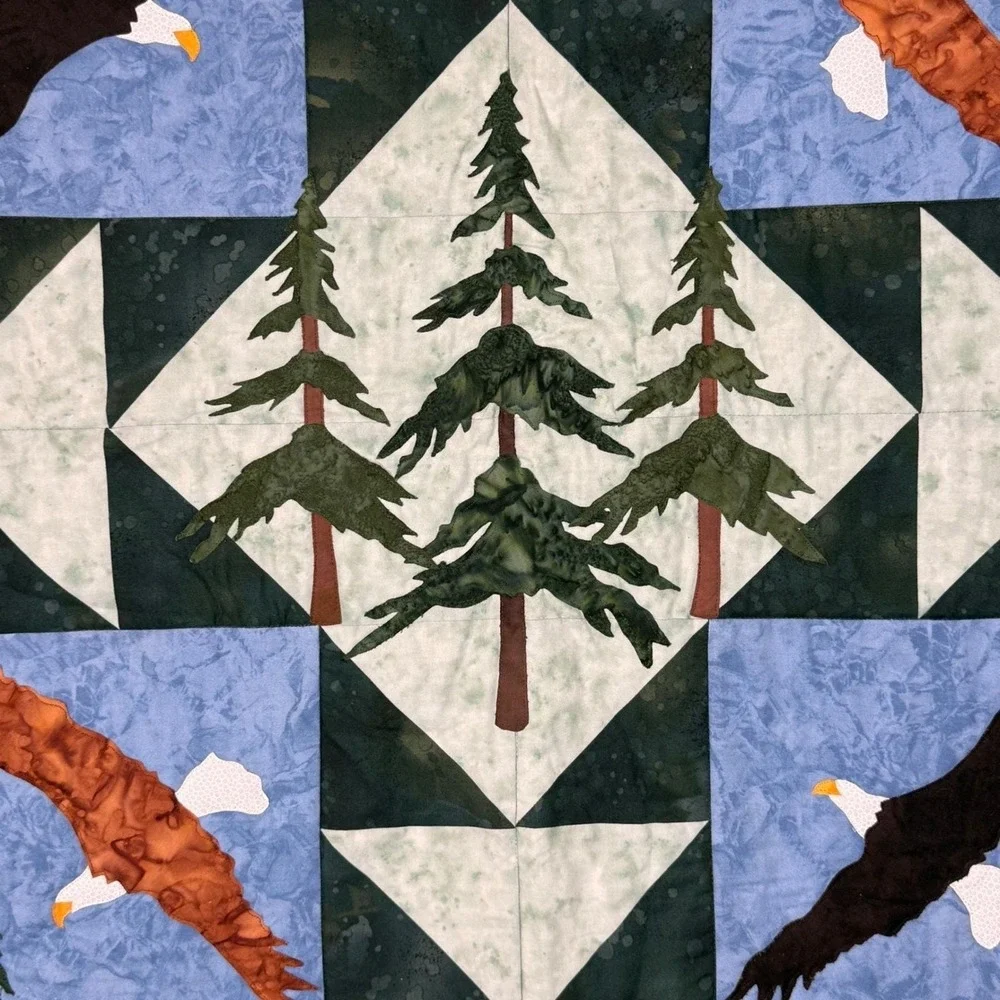 Handmade Wall Quilt Fiber Art, Eagles, Pine Forest Cabincore Lodge, Nature Lover